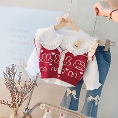 秋季新款女童套裝秋裝兒童針織馬甲白色襯衣三件套洋氣童裝秋2035