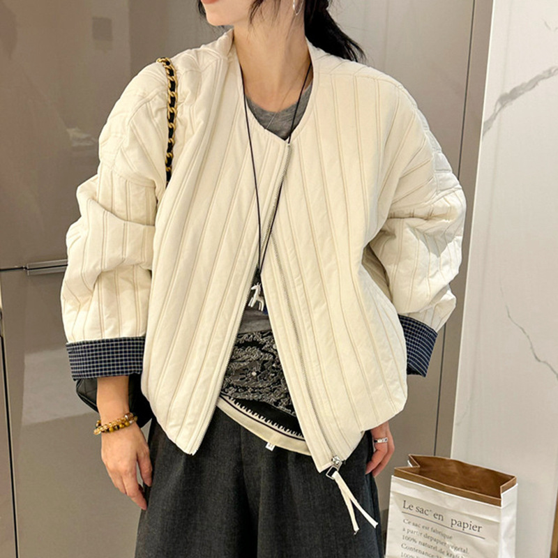撞色拼接薄棉圆领开衫短外套女2025秋季新款宽松显瘦休闲夹克上衣|undefined