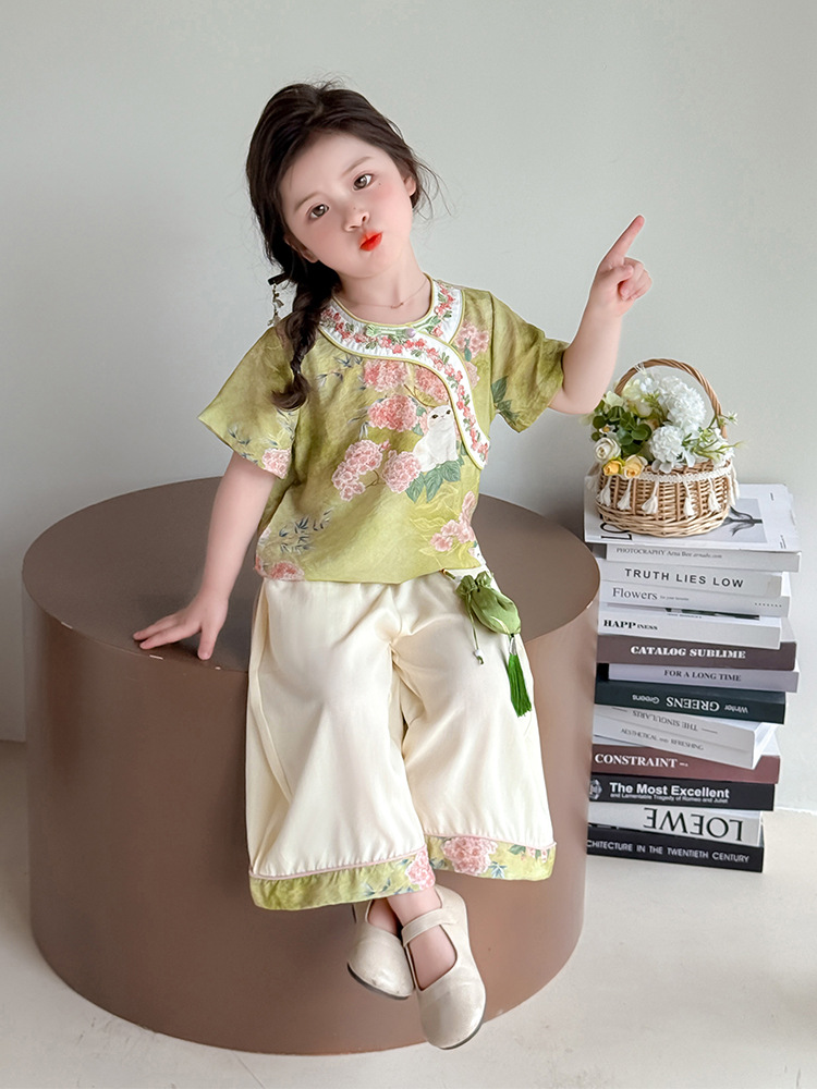 Hanfu niñas traje de estilo chino verano 2025 nuevos pantalones anchos para niños de dos piezas nuevo ropa china para bebés