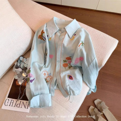 ブルー重工業刺繍日焼け止めシャツ女性のための 2025 夏の新しいハイエンドファッションルーズ長袖薄手のジャケット