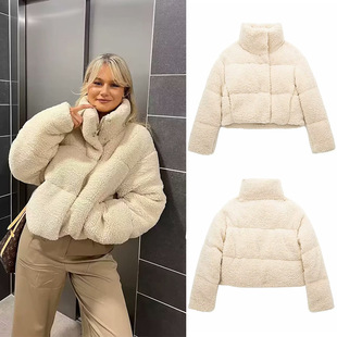 2024 cross-border women's winter new European and American style fleece stand collar long sleeve short warm lamb wool cotton-padded jacket coat