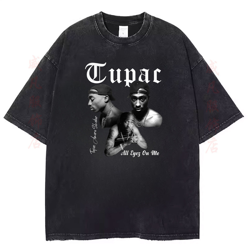 230g European Size European and American Rapper Tupac Printed Short-Sleeved T-Shirt for Men and Women, Vintage Washed Black, Distressed Hip-Hop Style