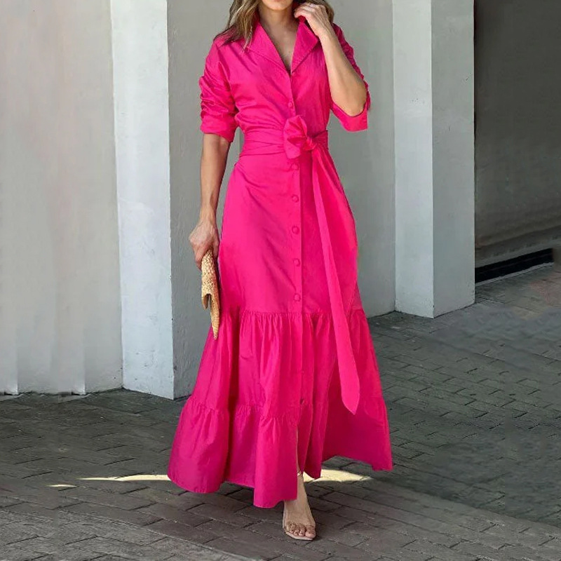 Women's Regular Dress Casual Turndown Belt 3/4 Length Sleeve Solid Color Maxi Long Dress Daily display picture 1