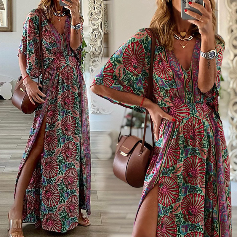 Women's A-line Skirt Elegant V Neck Printing Short Sleeve Printing Maxi Long Dress Daily display picture 2