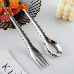 316 Stainless Steel Long-handle Spoon Fork Household Flat-bottom Spoon Fork Student Canteen Eating Soup Portable suit