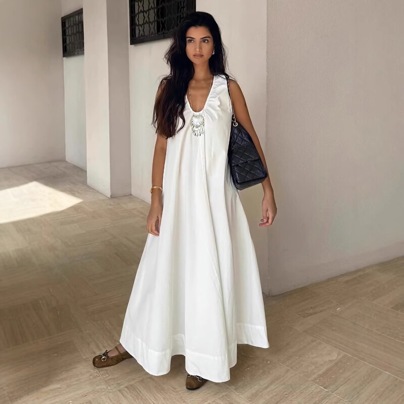 Cross-Border New Spring and Summer French-Style Elegant and Lazy Long Robe for Women, Suitable for Home and Outdoor Wear, Solid Color Loose Dress for Women