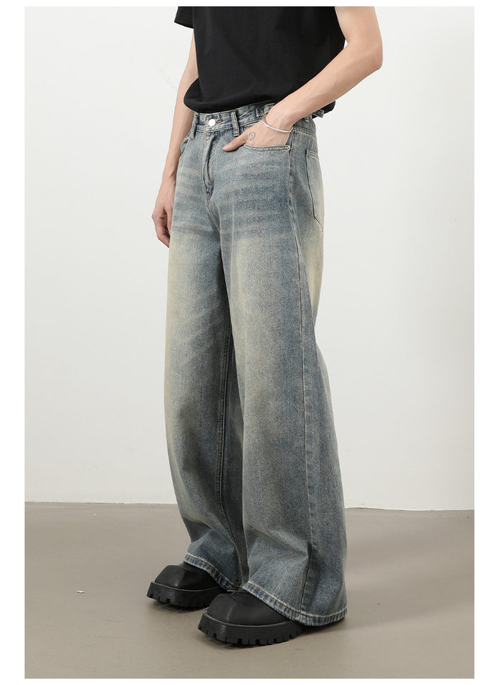 Quần jeans nam ống rộng dáng thẳng phong cách retro, chất denim cotton thoải mái — màu xanh chi tiết 7