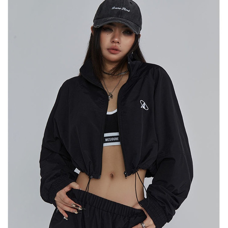 美式薄款爵士舞辣妹外穿收腰速干女宽松立领运动夹克短款开衫上衣|undefined