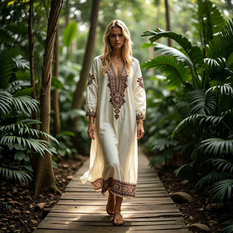 2026 New Amazon TK Fashionable Design V-Neck Digital Bohemian Style Long Dress
