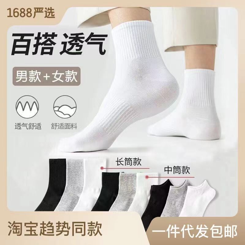 Cotton Socks Men's White Mid-Calf Boys' Sports Socks Men's Socks Solid Color Zhuji Socks