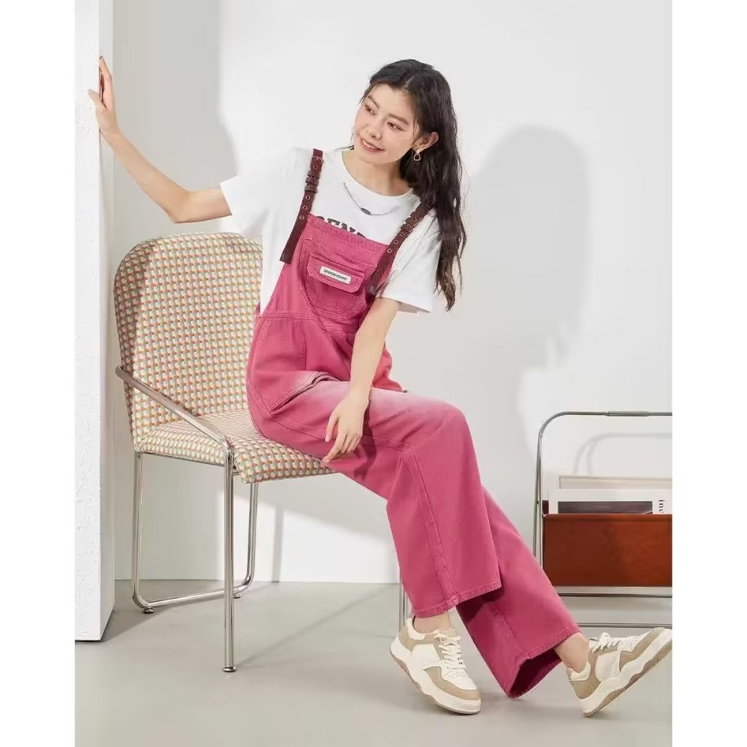 American retro Denim suspender pants women's spring and summer street sweet hot girl pink fashion brand straight jumpsuit loose slimming