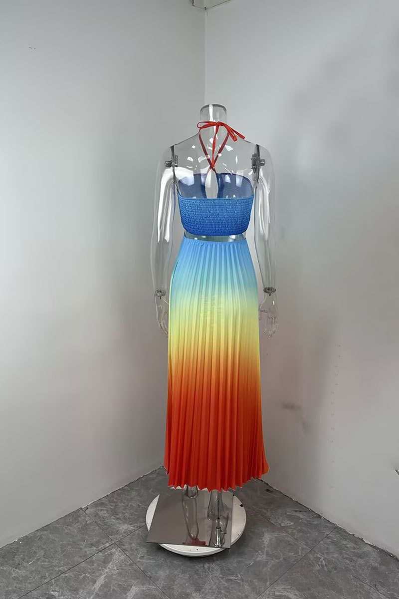 Women's Elegant Hollow Out Halter Neck Dress Spring 2026 Sexy Gradient Color Long Casual American Style Summer Clothing_ecoleips.com