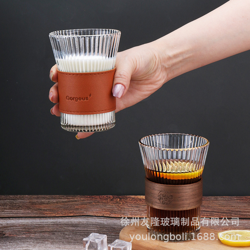 日式风琴束腰竖纹玻璃杯带杯套牛奶咖啡杯高颜值家用透明果汁水杯