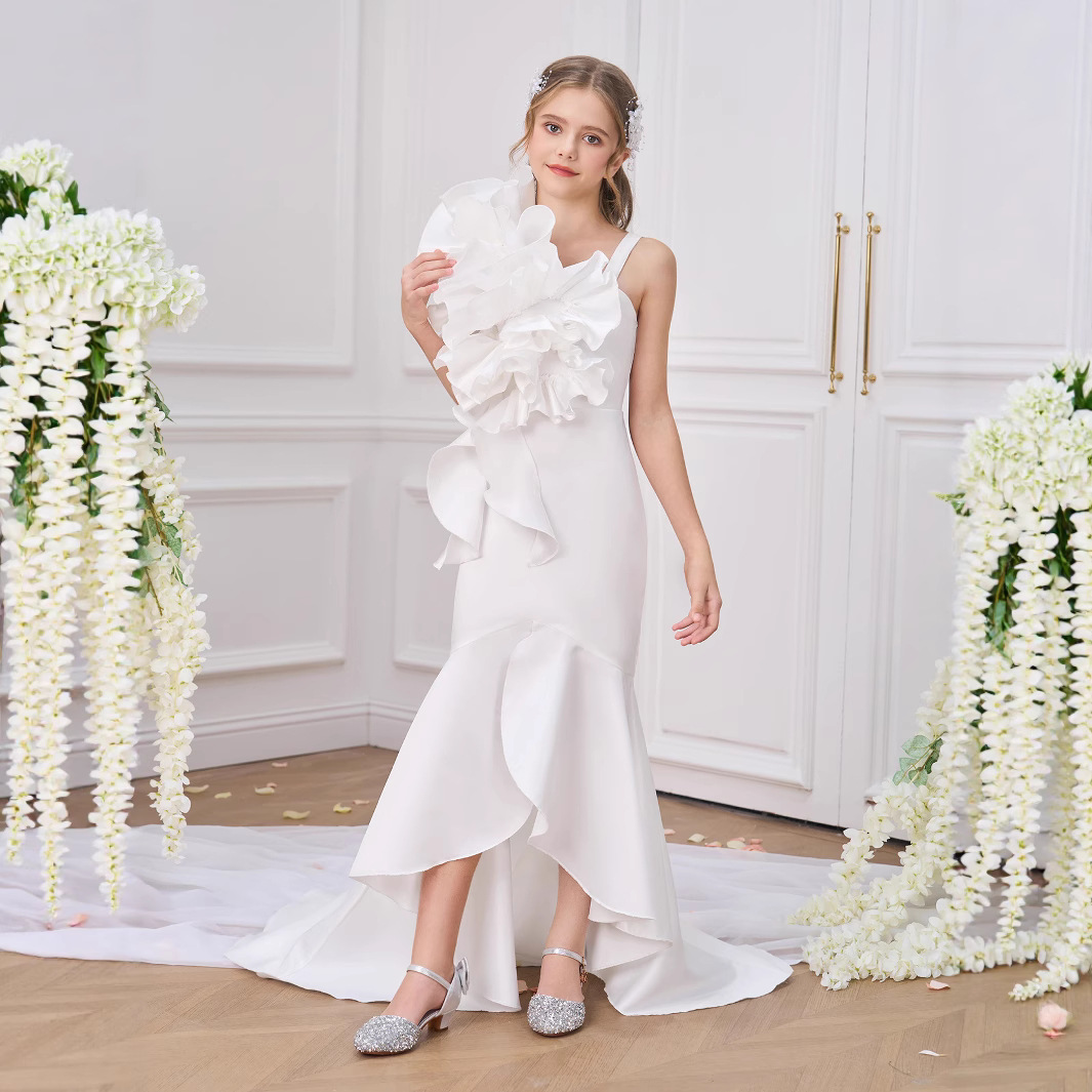 Vestido para niños, vestido de princesa, vestido elegante de cola, vestido de fiesta de niña de flores de cola de pez, vestido de cena