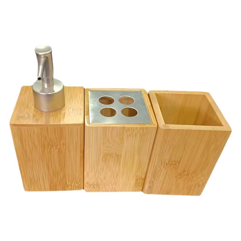 Venta al por mayor de fábrica de bambú traje de lavado cepillo de dientes enjuague bucal taza de tres piezas conjunto hogar Hotel lavado suministros de almacenamiento