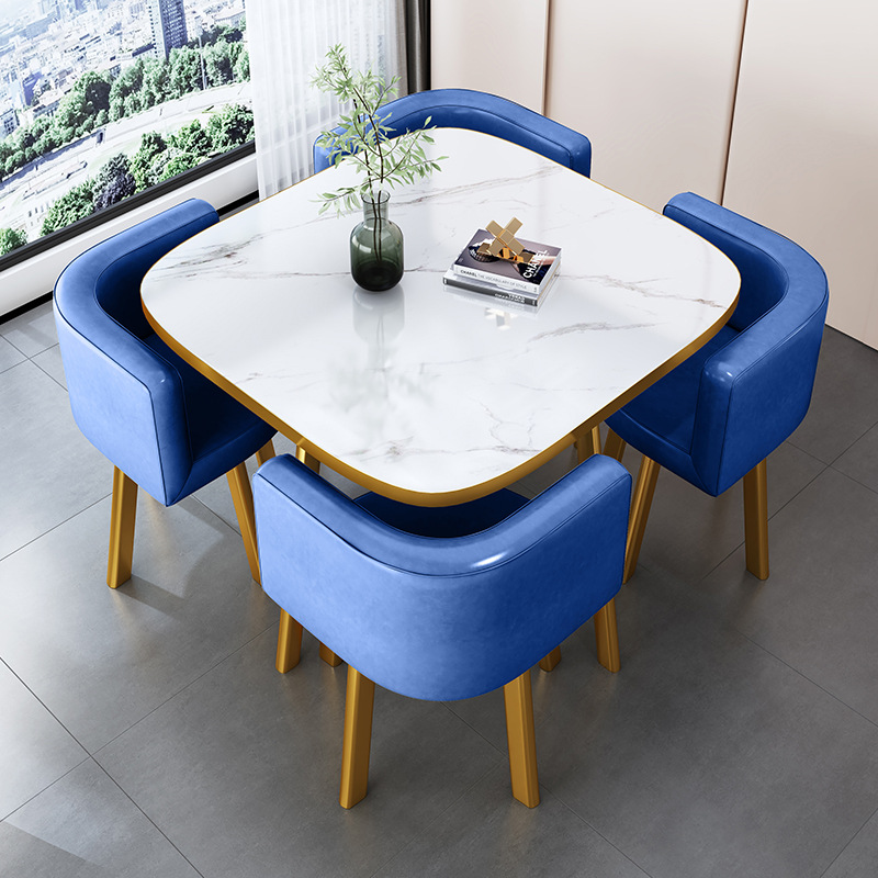 Blue 80cm square table+4 leather chair