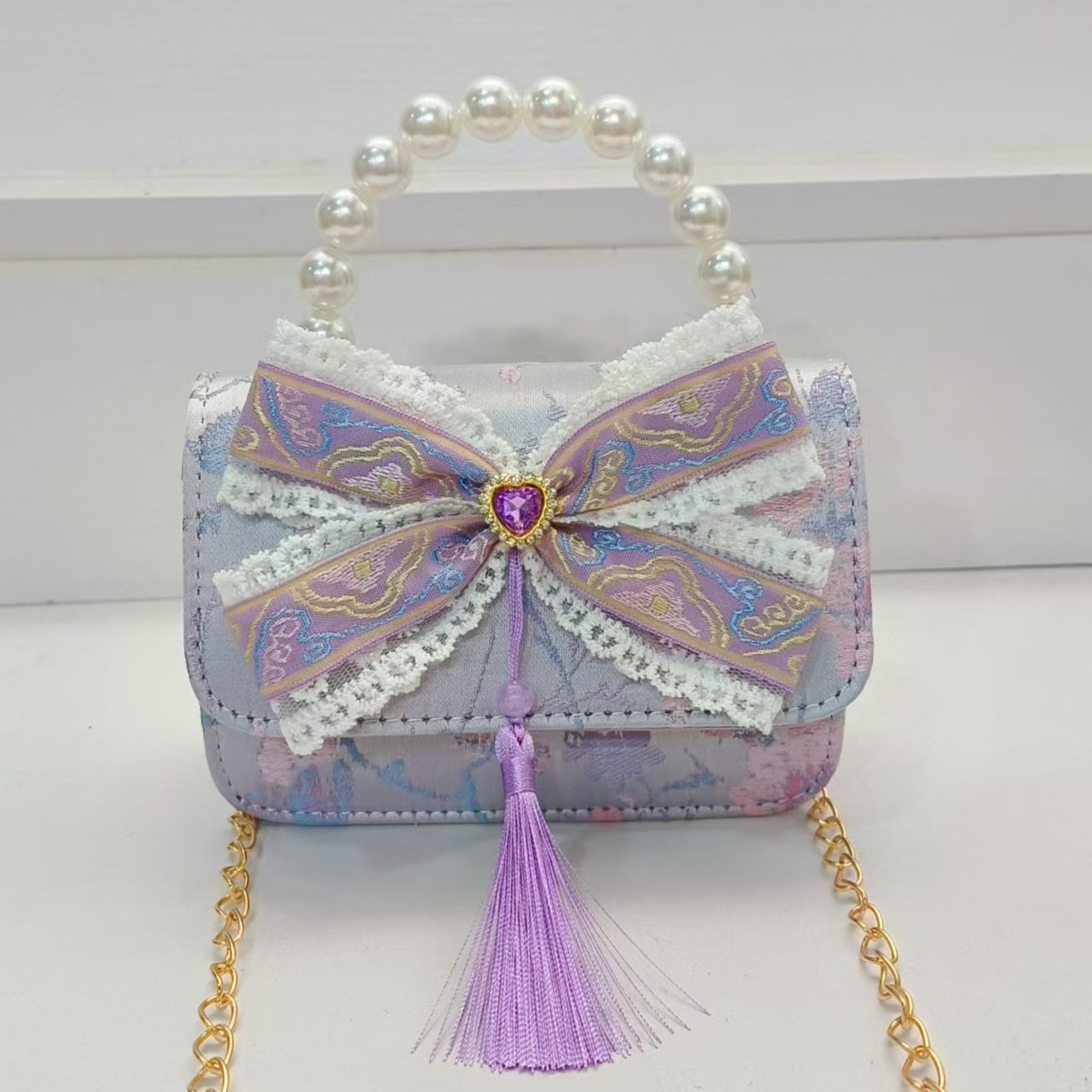 Guofeng arco princesa bolso de perla bolso de hombro bolso de cambio bolso pequeño bolso cuadrado bolso accesorios de ropa de niñas