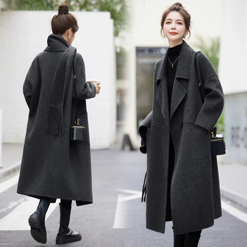 Двустороннее кашемировое пальто женская средняя длинная модель 2024 осень и зима новый шарф с роговой пуговицы шерстяная куртка