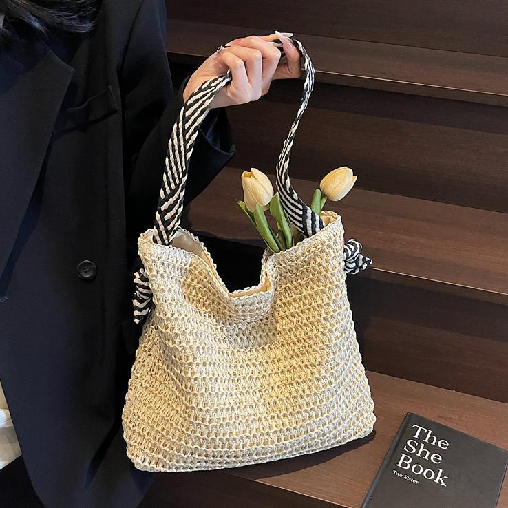 Bolso Tote de Paja Tejida para Playa con Cierre Magnético para Vacaciones