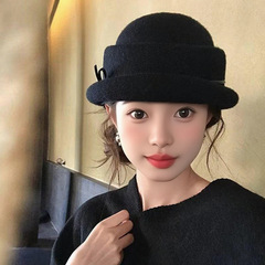 赫本风蝴蝶结卷边羊毛礼帽女秋冬新款保暖毛呢盆帽优雅气质渔夫帽