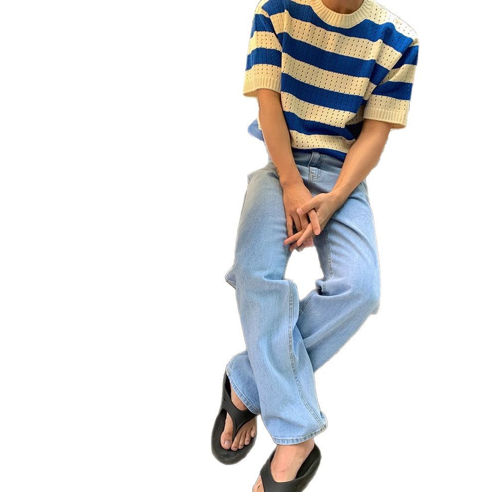 Verano nuevo estilo suéter de manga corta hueco rayas para hombres camiseta casual de negocios delgada de alto nivel comercio exterior al por mayor transfronterizo