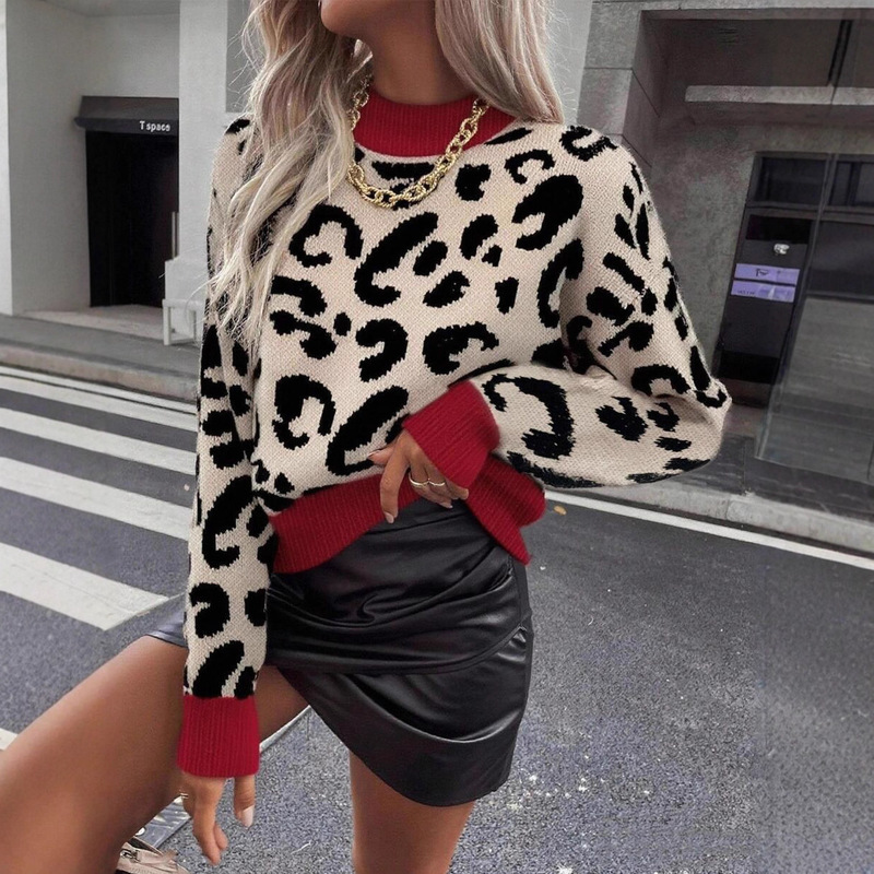 European and American Cross-Border Amazon New Autumn and Winter Women's Leopard Print Pullover Knitted Top Thick Needle Round Neck Sweater Women's Clothing European and American Cross-Border Amazon New Autumn and Winter Women's Leopard Print Pullover Knitted Top Thick Needle Round Neck Sweater Women's Clothing