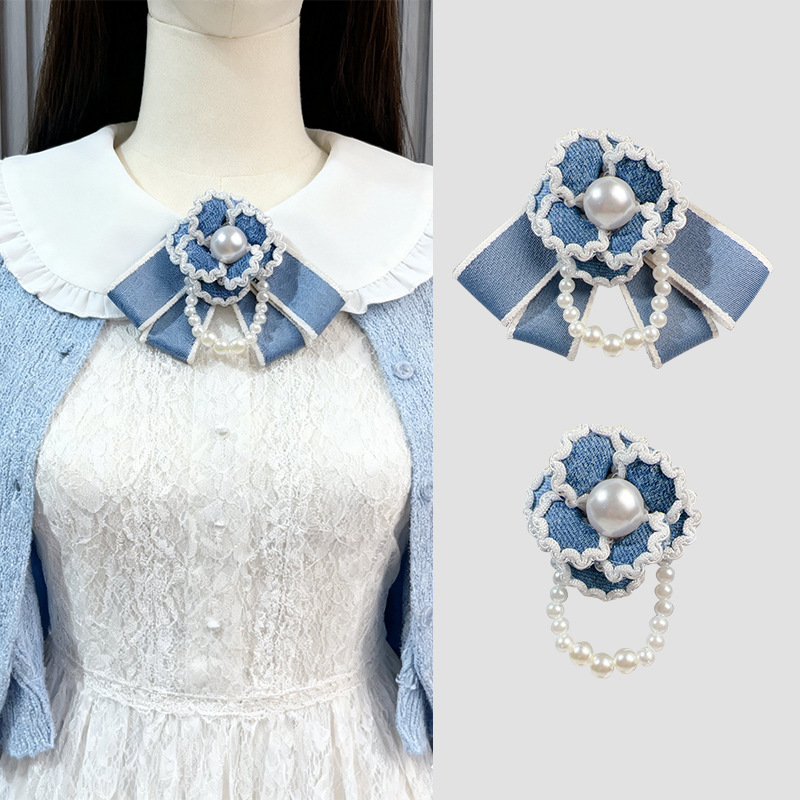 French Style Camellia Brooch With Pearl And Blue Bow For Women_voghion.com