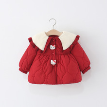 2025年冬季新款毛线领俩猫咪绗棉小棉衣 女童加绒加厚卡通小棉服