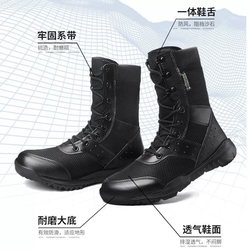 Tactical high‑ankle summer boots, ultra‑light breathable mesh, sizes 35–49