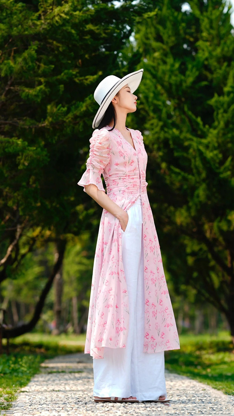 Đầm maxi nữ thắt eo họa tiết hoa nhí kiểu Pháp — Hồng anh đào mộng mơ chi tiết 9