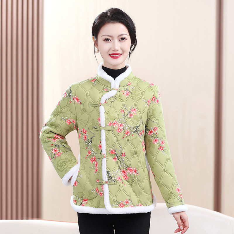 花棉袄女2024年冬季夹棉盘扣中国风外套宽松长袖毛毛碎花棉服女
