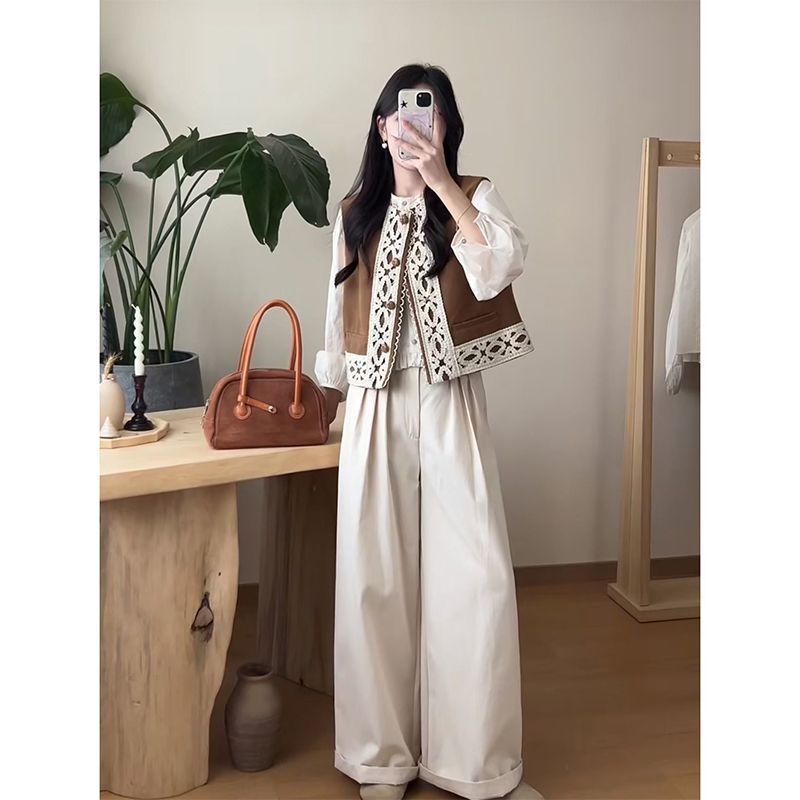 Early Autumn Korean Style Outfit Set 2026 New Fashion Coffee-Colored Vest Long-Sleeve Shirt High-Waisted Wide-Leg Pants Three-Piece Set