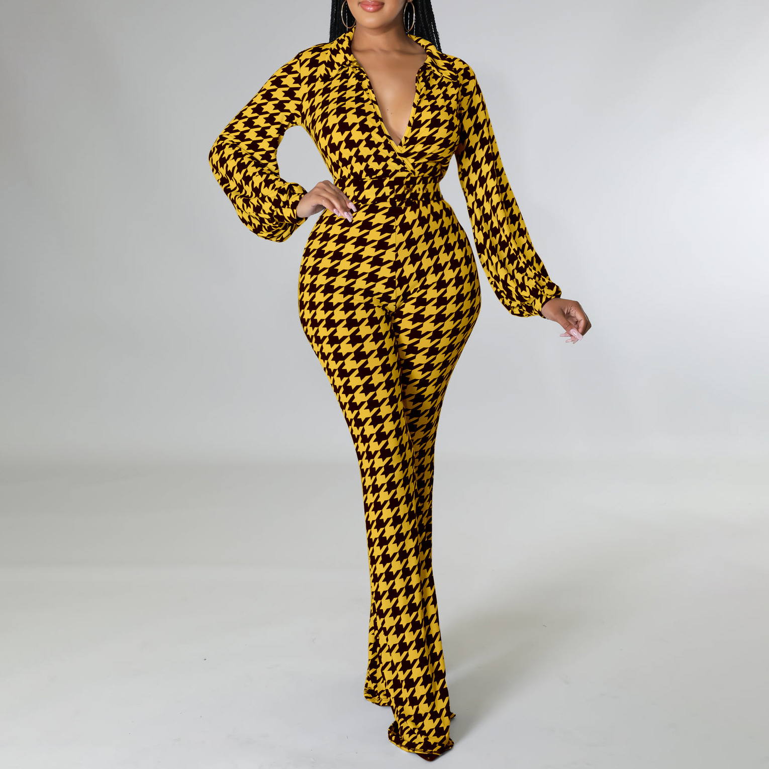 C8559 ropa de mujer transfronteriza 2023 Otoño e Invierno Nuevo cuello en V puff manga cintura apretada impresa pierna ancha más tamaño mono africano