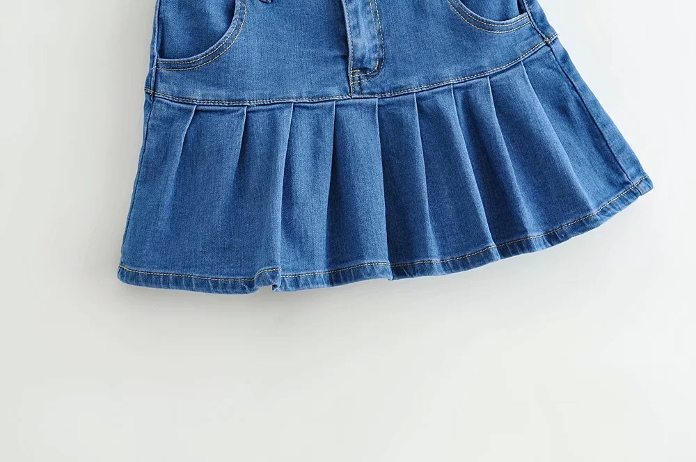 solid color denim stitching short pleated skirt NSHS30999