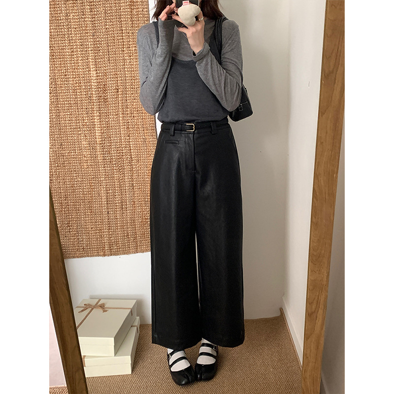 ICC 여성의 우아한 통근 네트 에디션 슬리밍 스트레이트 레그 팬츠 PU 가죽 팬츠 여성의 가을과 겨울 새로운 올 매치 팬츠 06502