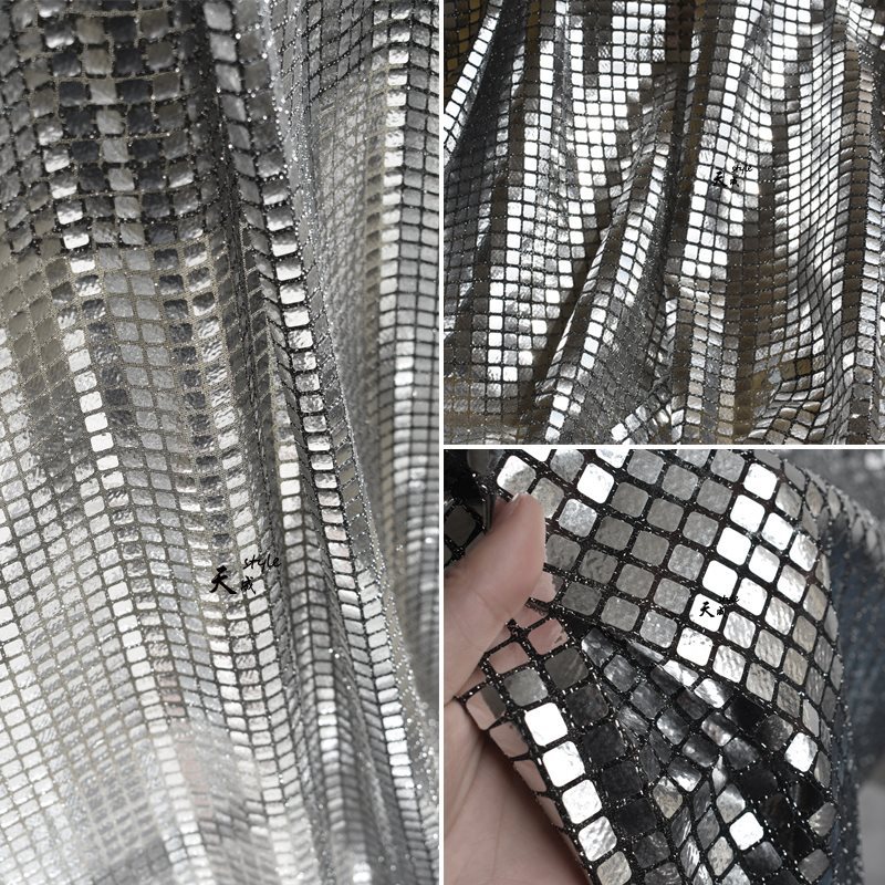 闪光银色镜面方格亮片网纱高亮反光烫金拍摄背景服装布料