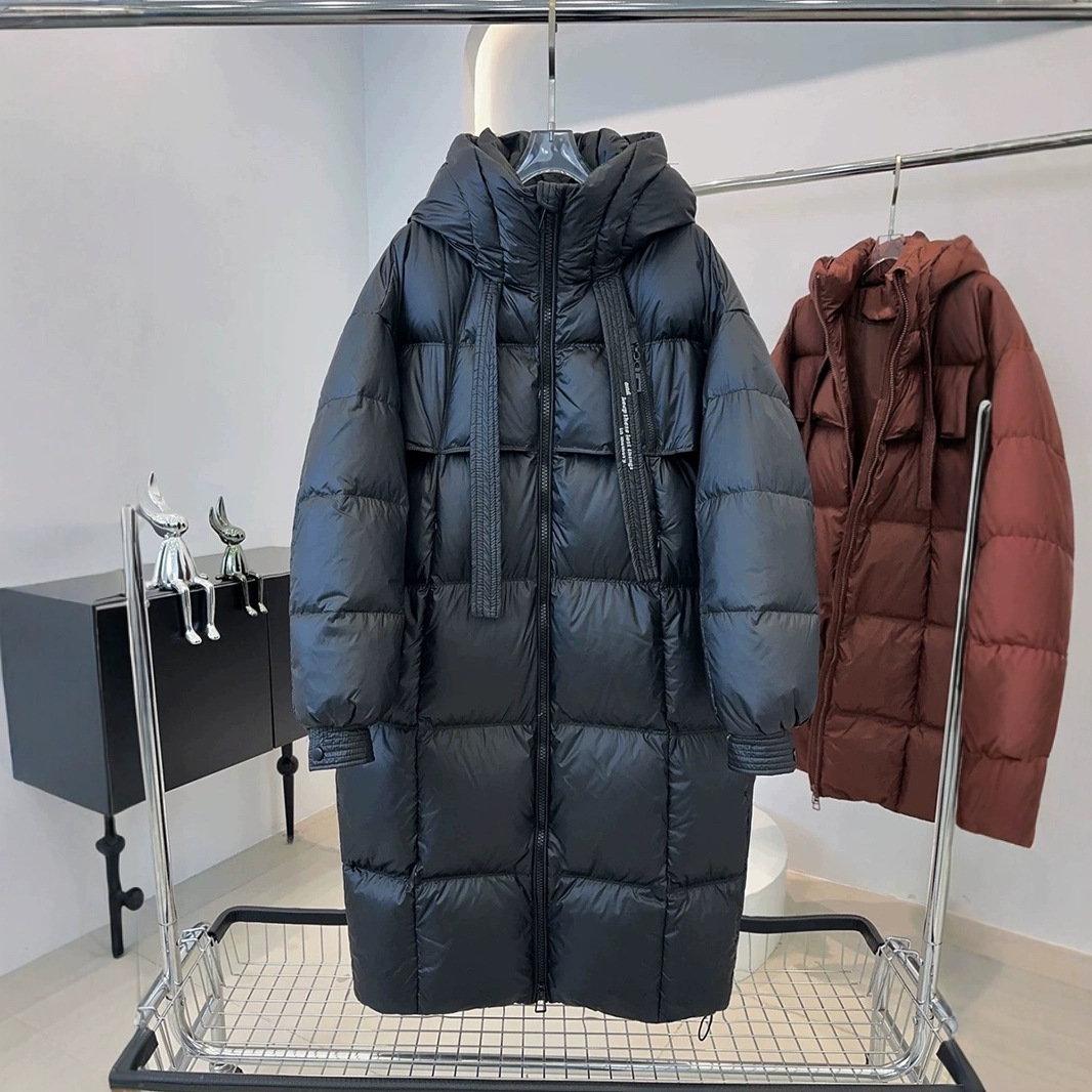 韩版飘带连帽羽绒服女2025冬装新款白鸭绒中长款过膝加厚抗寒外套