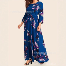 P016TEMU独立站外贸女士春夏季 圆领中袖系带收腰度假风大码长裙