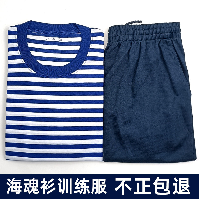 Sea Soul Shirt Men's Summer Physical Training Clothing suit Quick-drying T-shirt Men's Blue and White Striped Sports Running Short-sleeved New Style