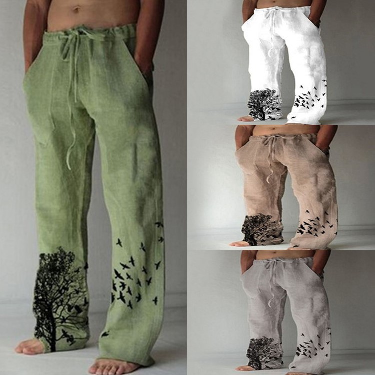 Men's Independent Station New Cotton and Linen Handmade Printed Loose Casual Drawstring Trousers
