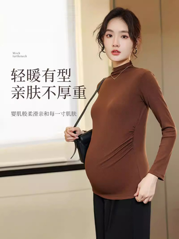 妊婦用秋冬ボトムスシャツ、妊娠中は外でも内でも着用可能、プラスサイズのマタニティウェアトップス、卸売、長袖、ハイネック、起毛加工|undefined