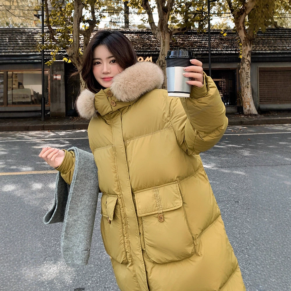 Пуховик 2025 года, удлиненный, очень большой размер, для полных женщин (размер 100kg и выше), приталенный, с капюшоном и воротником из меха лисы, модель 227