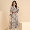 Baizi retro print skirt women's 2021 autumn new round neck floral waist lace up dress 91299