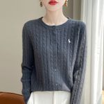 纯色小马刺绣圆领麻花内搭毛衣外套针织衫女秋冬季东南亚开衫上衣