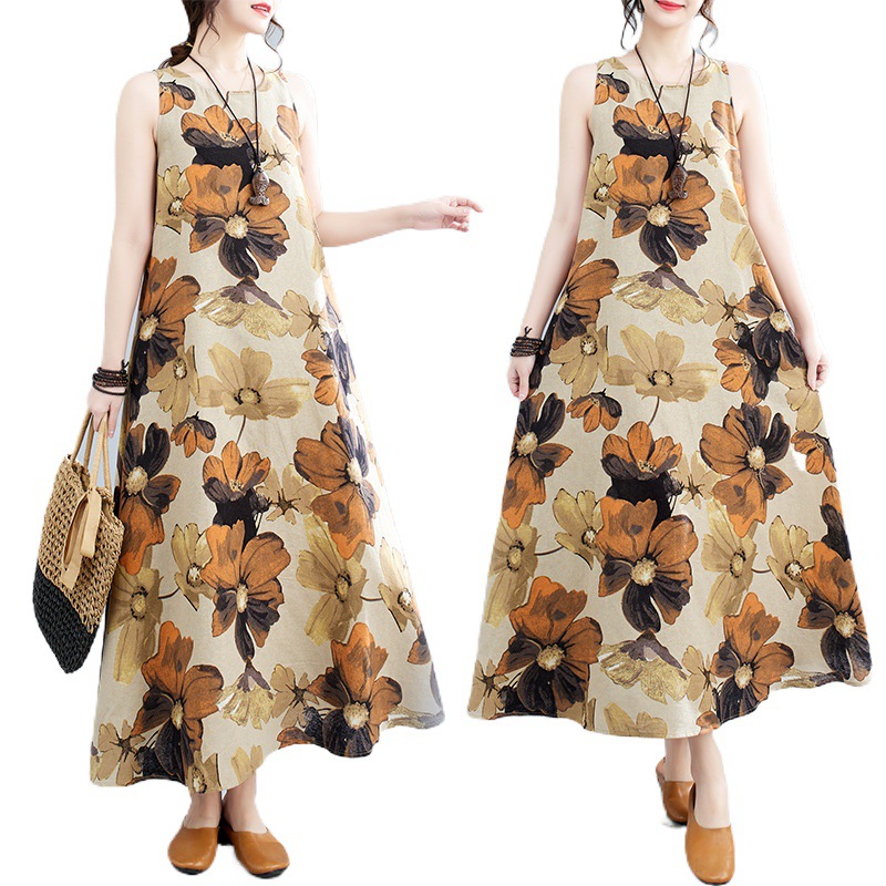 Vestido midi estampado sem mangas com gola redonda, estilo boêmio, plus size, para o verão de 2024._voghion.com