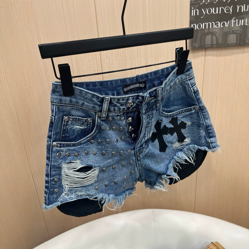 In-Stock Item with All Tags Intact: Ch Chrome Hearts Leather Label, Cross Rivets, Spicy Girl Denim Shorts, Frayed Edge Hot Pants, High-Waisted for Women