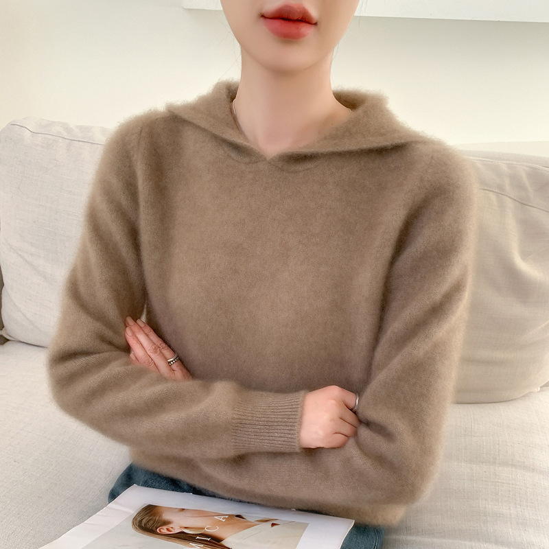 新款2025年秋冬100羊毛七针加厚女连帽针织衫长袖女纯色软糯毛衣|undefined