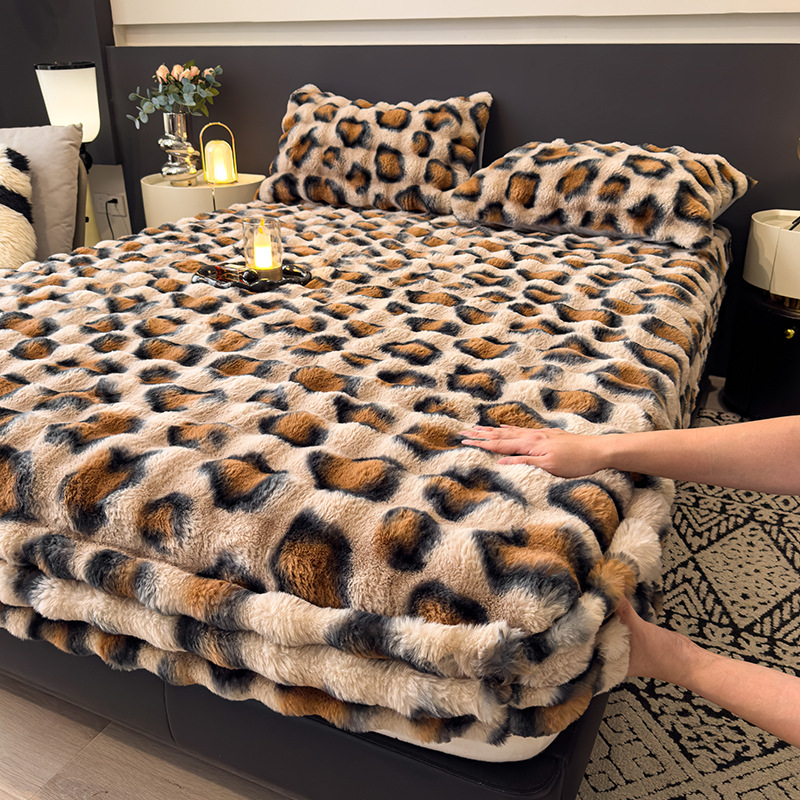 Maillard Leopard Print Rabbit Fur Plush Bed Sheet Mattress Protector Warm Plus Velvet Milk Velvet Bedspread Simmons Bed Protector