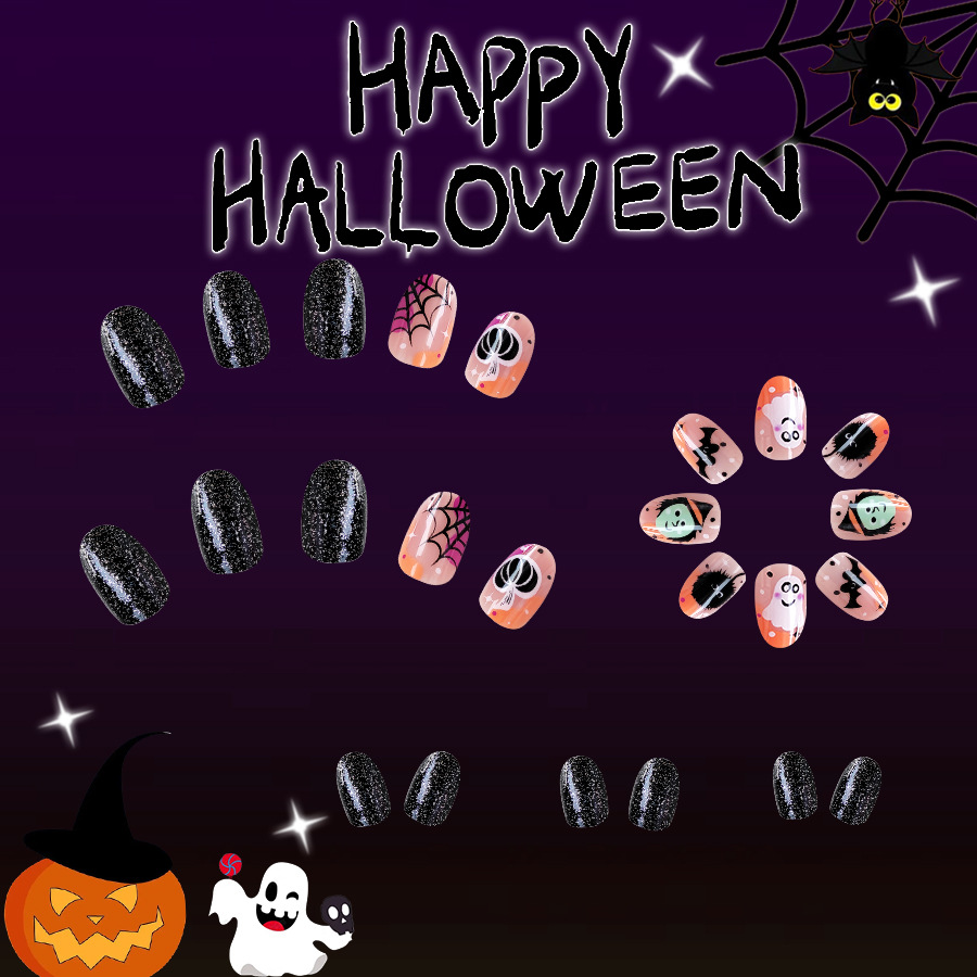 Short bright face Europe and the United States cross-border foreign trade Halloween multicolor spider web ghost pumpkin detachable wearable nail art 2_voghion.com