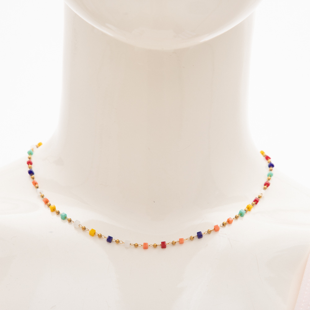 Small Square Stainless Steel Necklace Vacuum Plating Jewelry Crystal Sugar Round Bead Jewelry Dopamine Color Matching Fashion Women